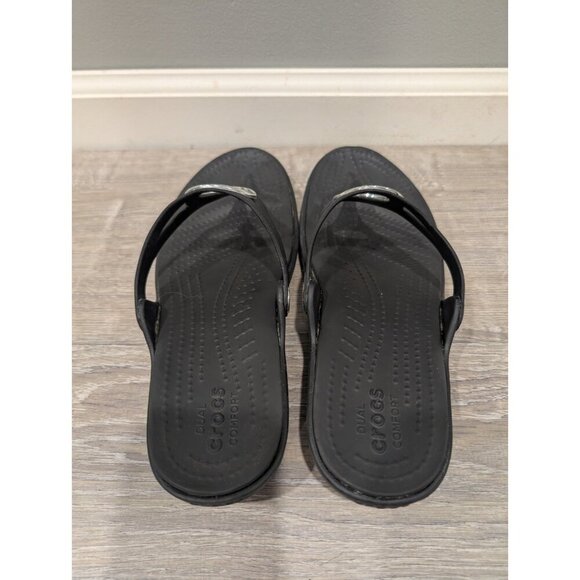 Crocs Black Sanrah Beveled Circle Low Wedge Flip Flop Thong Sandal Shoe Size 11 - Picture 4 of 16